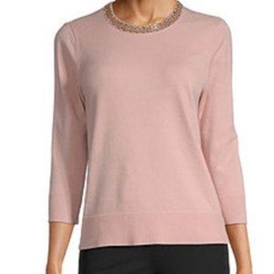 Vintage Liz Claiborne Embellished Jewel Neck 3/4 Sleeve Sweater, Rose Quartz, M